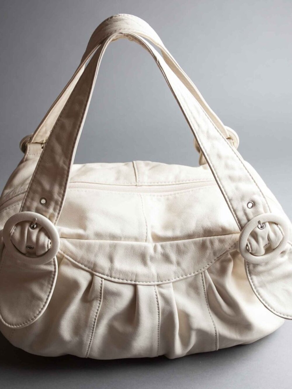 Ollie & Nic Gathered Leather Bag with Buckles in Cream Leather